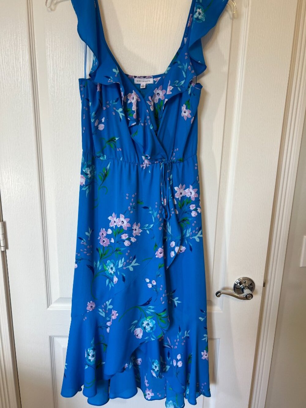 Socialite Blue Floral High Low Faux Wrap Coquette Girl Dress SIZE M